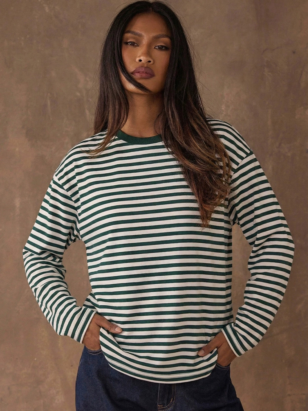 ZARA Fashion Striped Long Sleeve Crew Neck Pullover Top